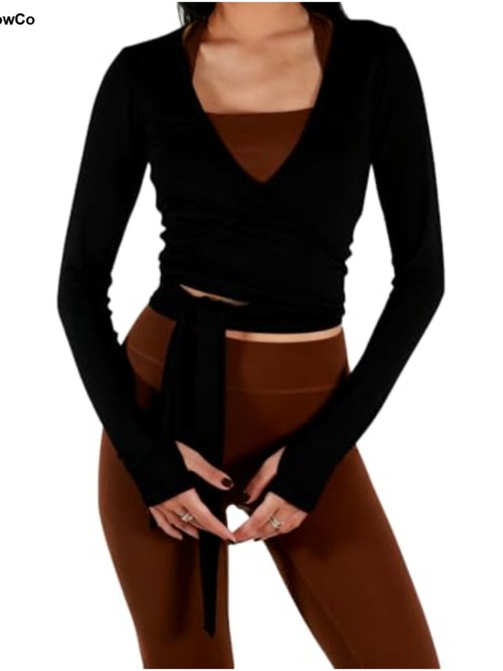 Ballet Wrap Top Women Long Sleeve Self Tie Thumbholes Yoga Pilates Dance Shirt